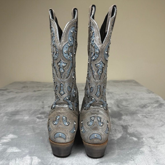 JB Dillon Womens 9 Cowboy Boots Metallic Silver Blue Rhinestone Festival Western - Picture 3 of 15
